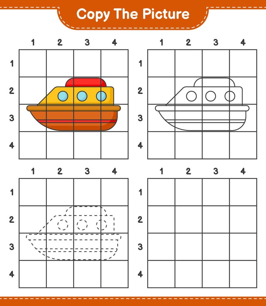 Copy the picture, copy the picture of Boat using grid lines. Educational children game, printable worksheet, vector illustration