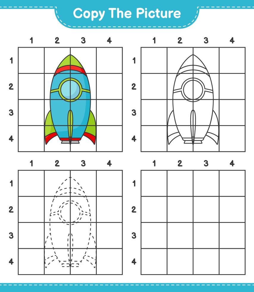 Copy the picture, copy the picture of Rocket using grid lines. Educational children game, printable worksheet, vector illustration