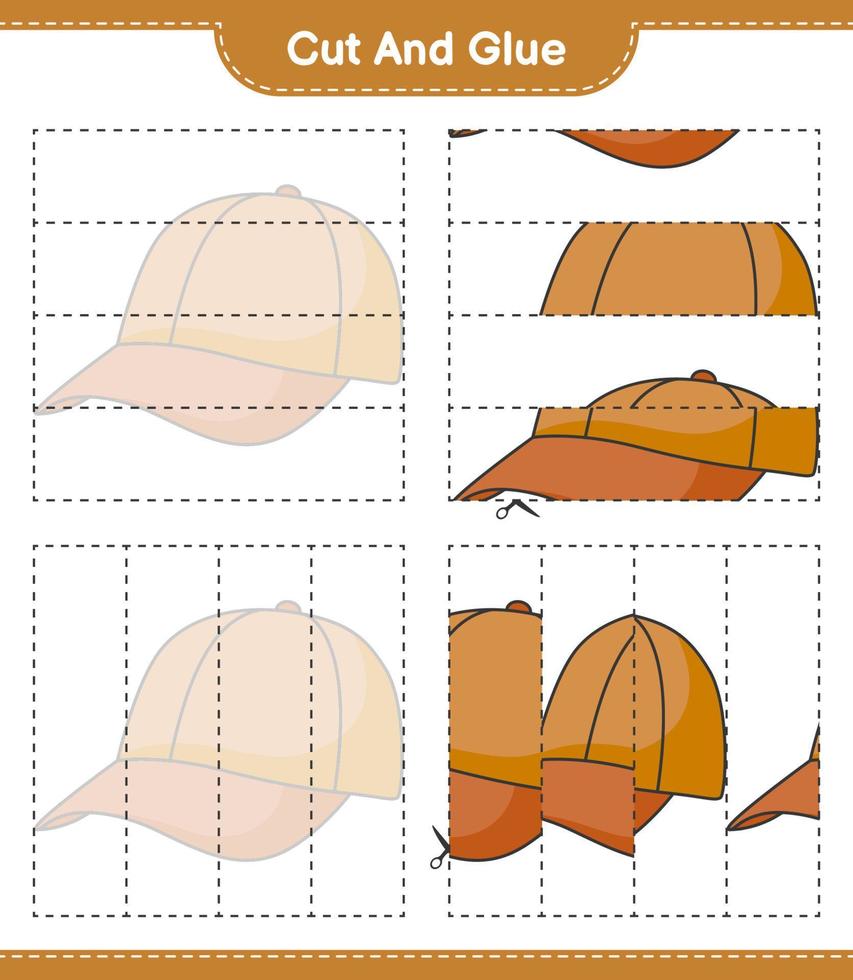 Cut and glue, cut parts of Cap Hat and glue them. Educational children game, printable worksheet, vector illustration