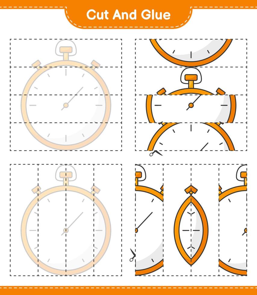 cortar y pegar, cortar partes del cronómetro y pegarlas. juego educativo para niños, hoja de cálculo imprimible, ilustración vectorial vector