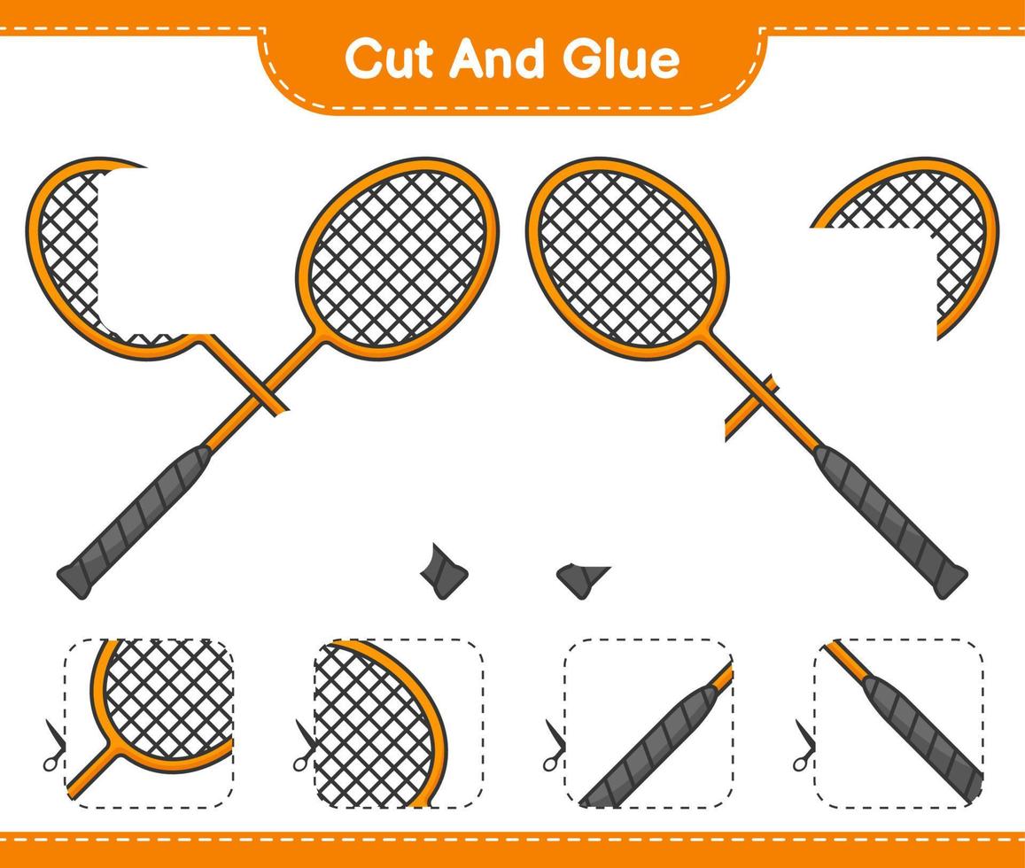 Cut and glue, cut parts of Badminton Rackets and glue them. Educational children game, printable worksheet, vector illustration