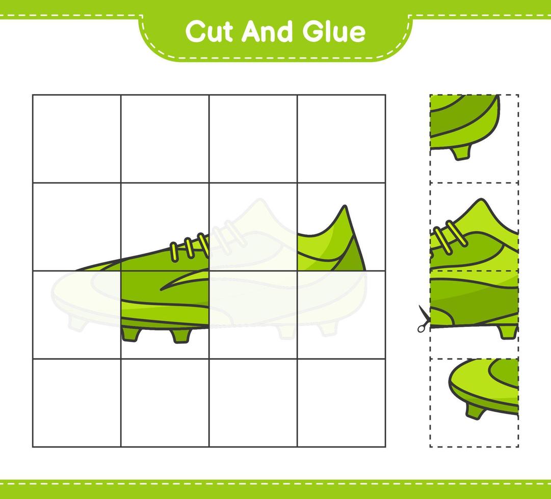 Cut and glue, cut parts of Soccer Shoes and glue them. Educational children game, printable worksheet, vector illustration