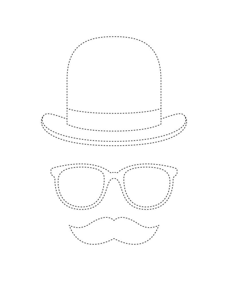 Mustache, Hat, and Glasses tracing worksheet for kids vector