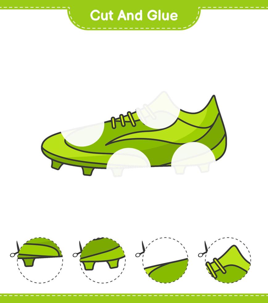 corta y pega, corta partes de zapatos de fútbol y pégalas. juego educativo para niños, hoja de cálculo imprimible, ilustración vectorial vector