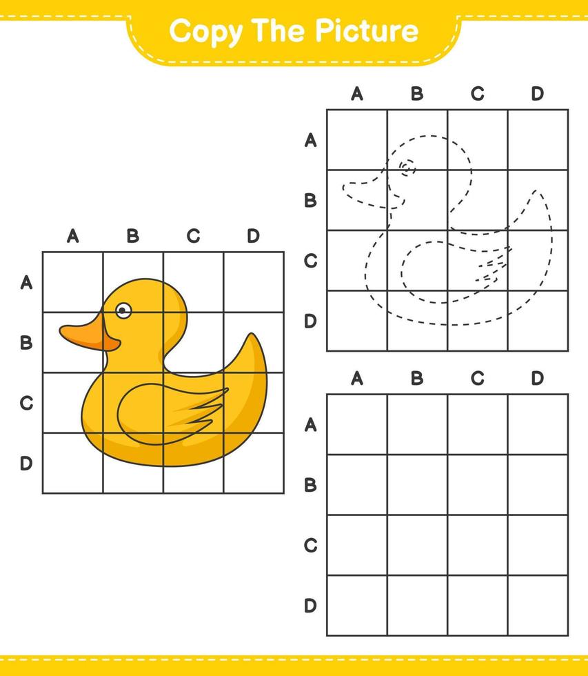 Copy the picture, copy the picture of Rubber Duck using grid lines. Educational children game, printable worksheet, vector illustration