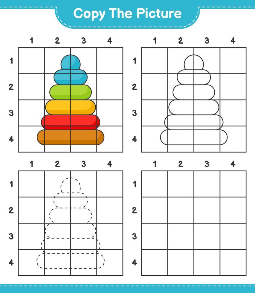 Copy the picture, copy the picture of Pyramid Toy using grid lines. Educational children game, printable worksheet, vector illustration