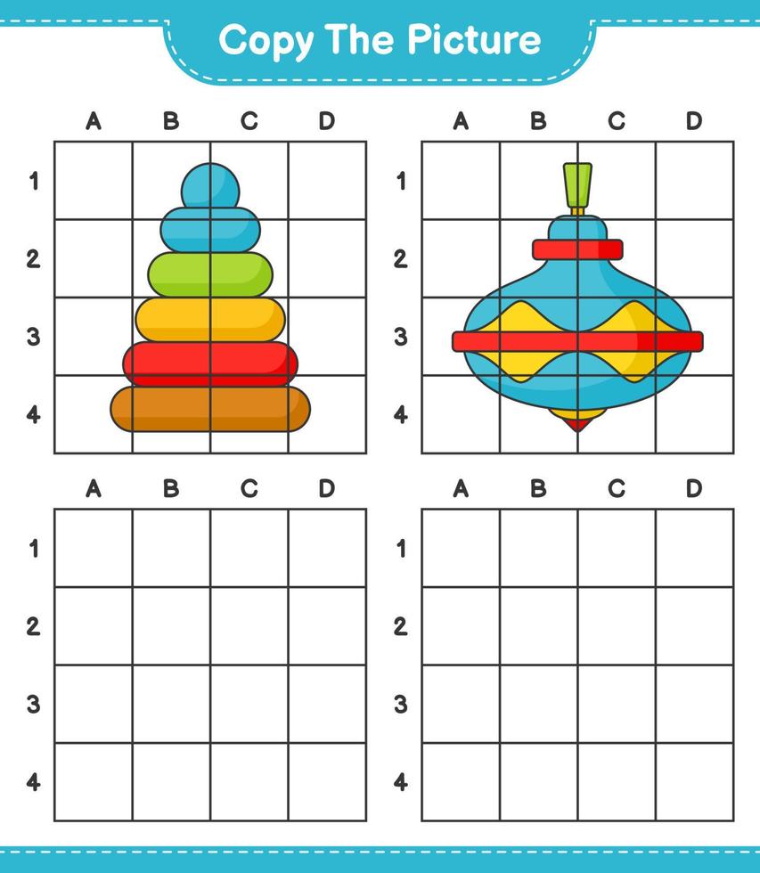 Copy the picture, copy the picture of Pyramid Toy and Whirligig Toy using grid lines. Educational children game, printable worksheet, vector illustration