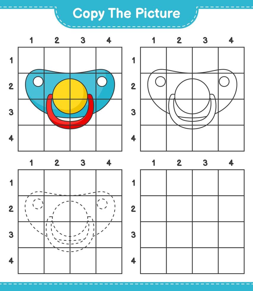 Copy the picture, copy the picture of Pacifier using grid lines. Educational children game, printable worksheet, vector illustration