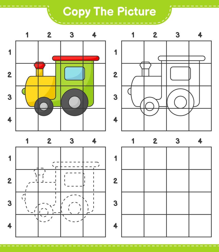 Copy the picture, copy the picture of Train using grid lines. Educational children game, printable worksheet, vector illustration
