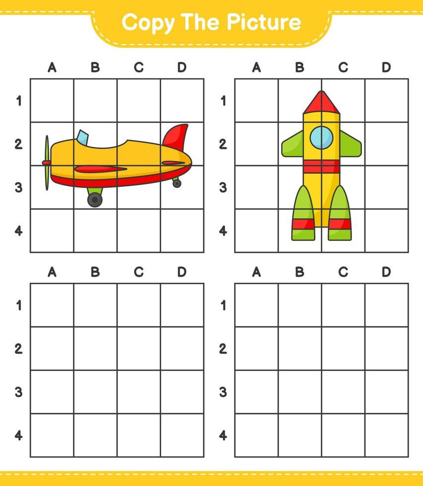 Copy the picture, copy the picture of Plane and Rocket using grid lines. Educational children game, printable worksheet, vector illustration