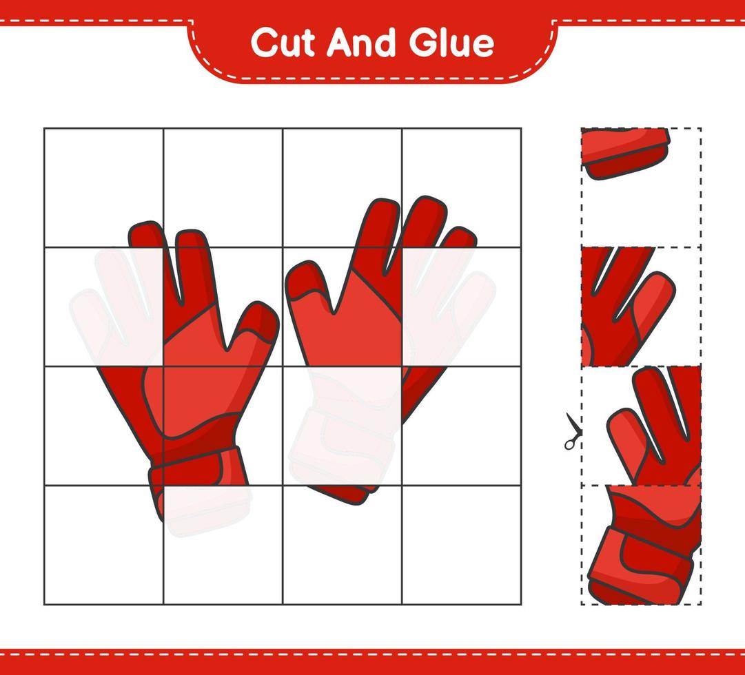 Cut and glue, cut parts of Goalkeeper Gloves and glue them. Educational children game, printable worksheet, vector illustration