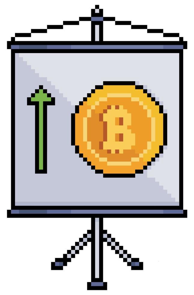 Pixel art board with bitcoin graphic. Cryptocurrency price analysis. Finance presentation banner. 8bit vector on white background