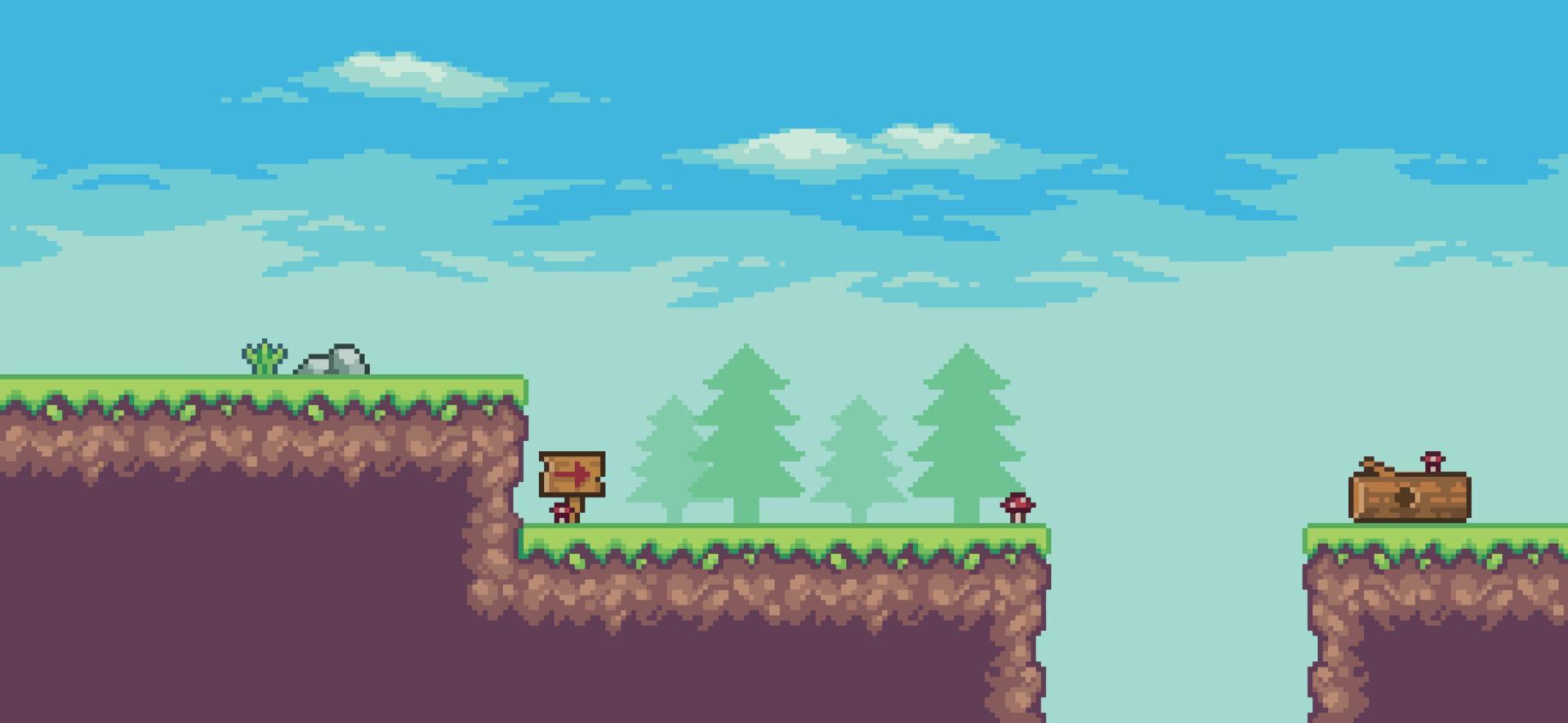 escena de juego de arcade de pixel art con árboles, tronco, tablero, piedras y nubes fondo de 8 bits vector