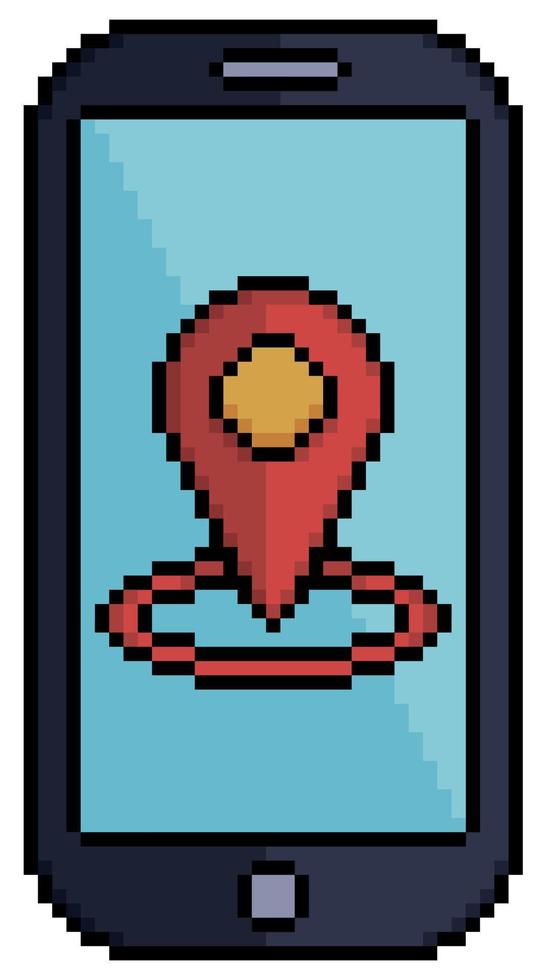 Pixel art cell phone with GPS and location icon vector icon for 8bit game on white background