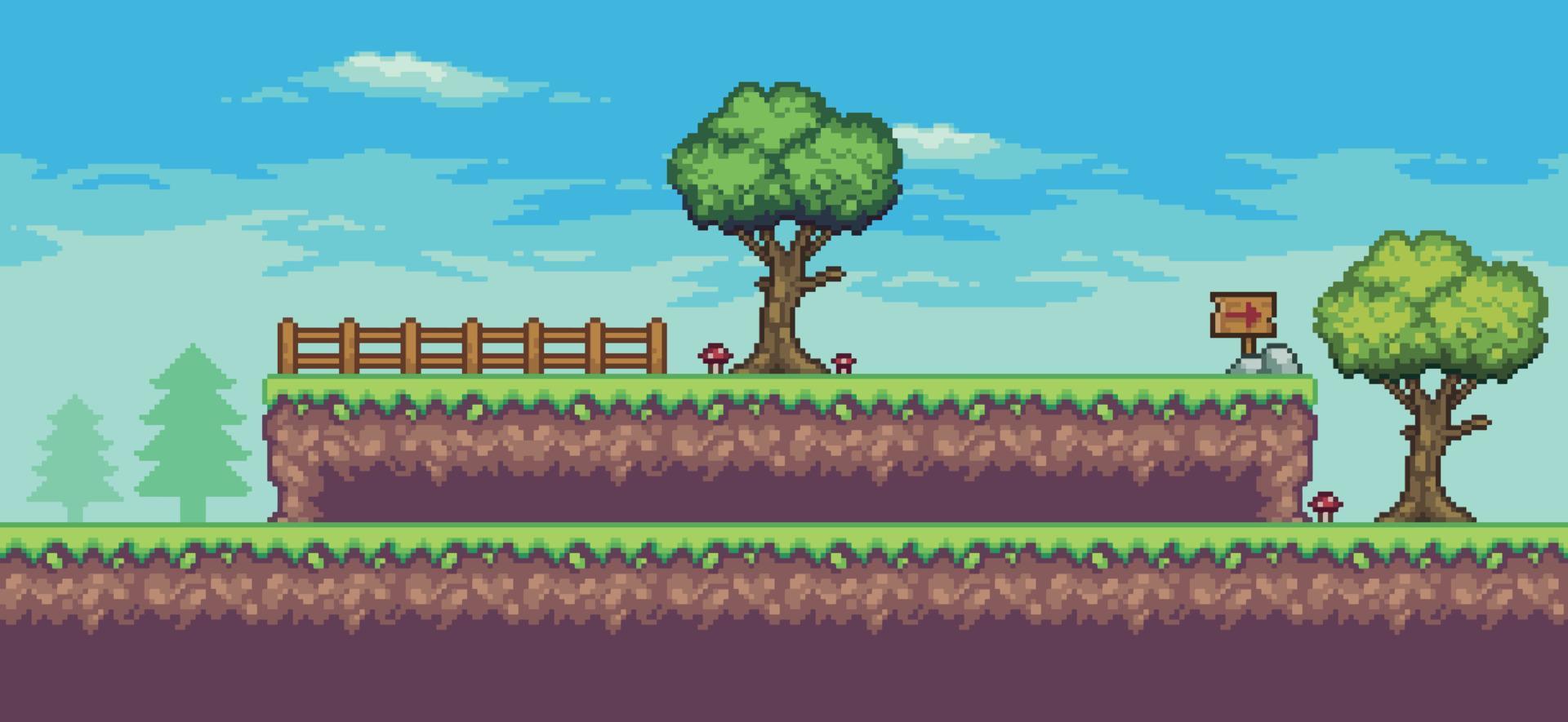 escena de juego de arcade de pixel art con árbol, valla y nubes de fondo vectorial de 8 bits vector