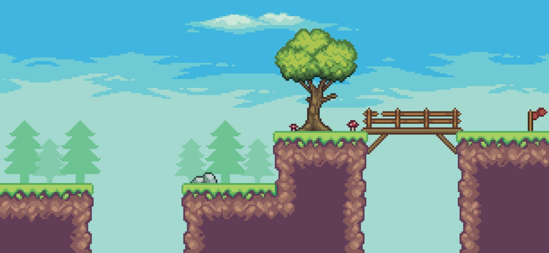 escena de juego de arcade de pixel art con árboles, puente, nubes y piedras de fondo de 8 bits vector