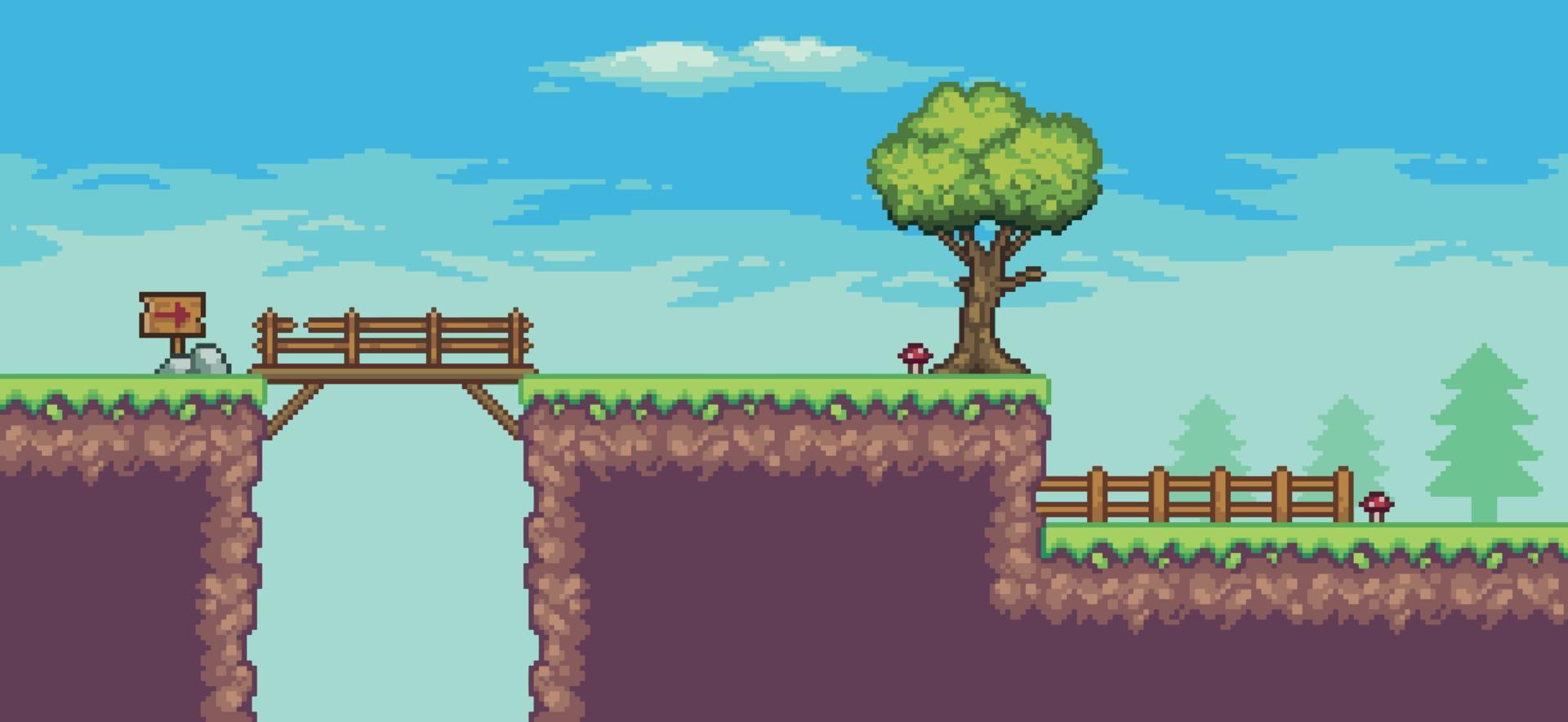 escena de juego de arcade de arte de píxeles con árbol, puente, cerca, tabla de madera y fondo de vector de nubes de 8 bits