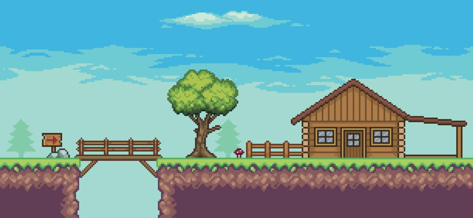 escena de juego de arcade de pixel art con casa de madera, árboles, cerca, puente y nubes fondo de 8 bits vector