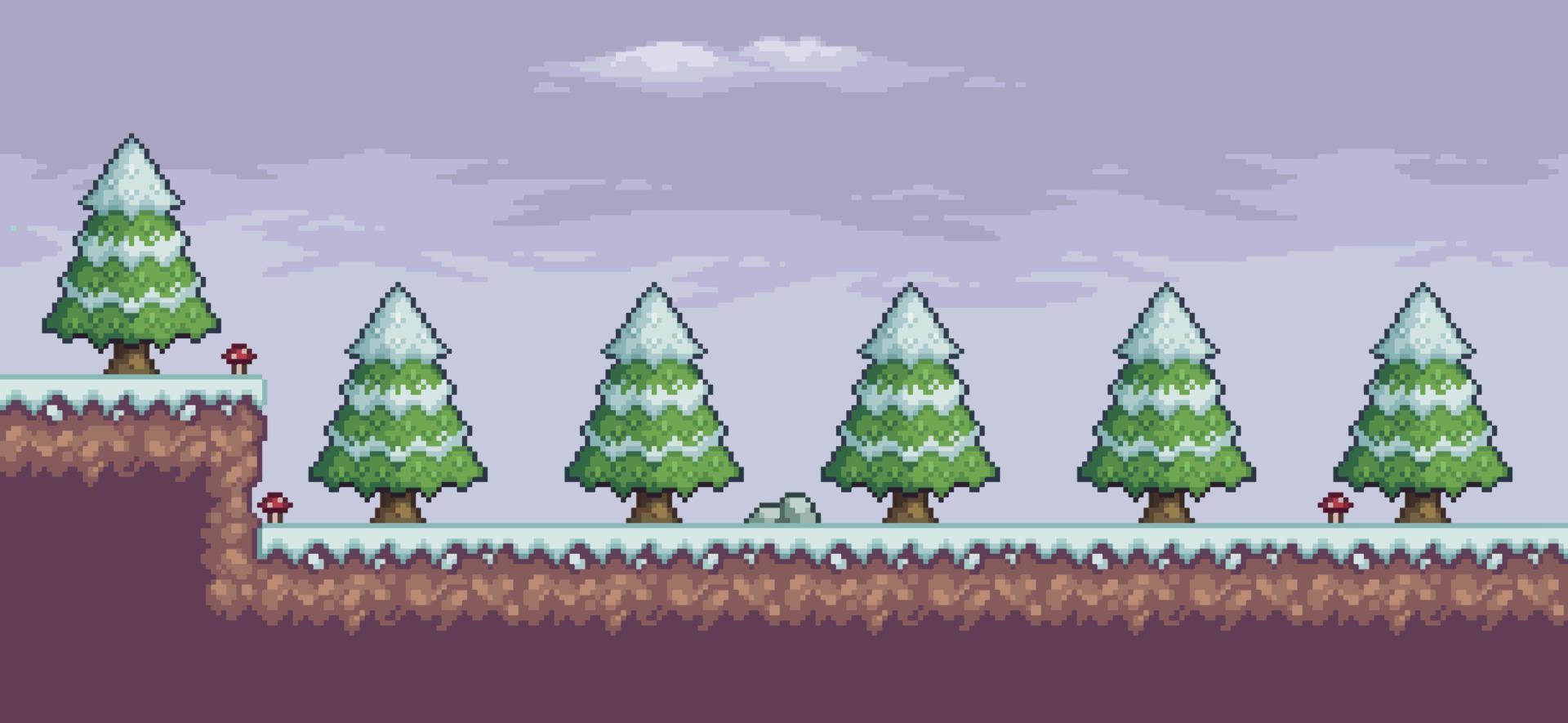 escena de juego de arte de píxeles en la nieve con pinos, nubes, fondo de 8 bits vector