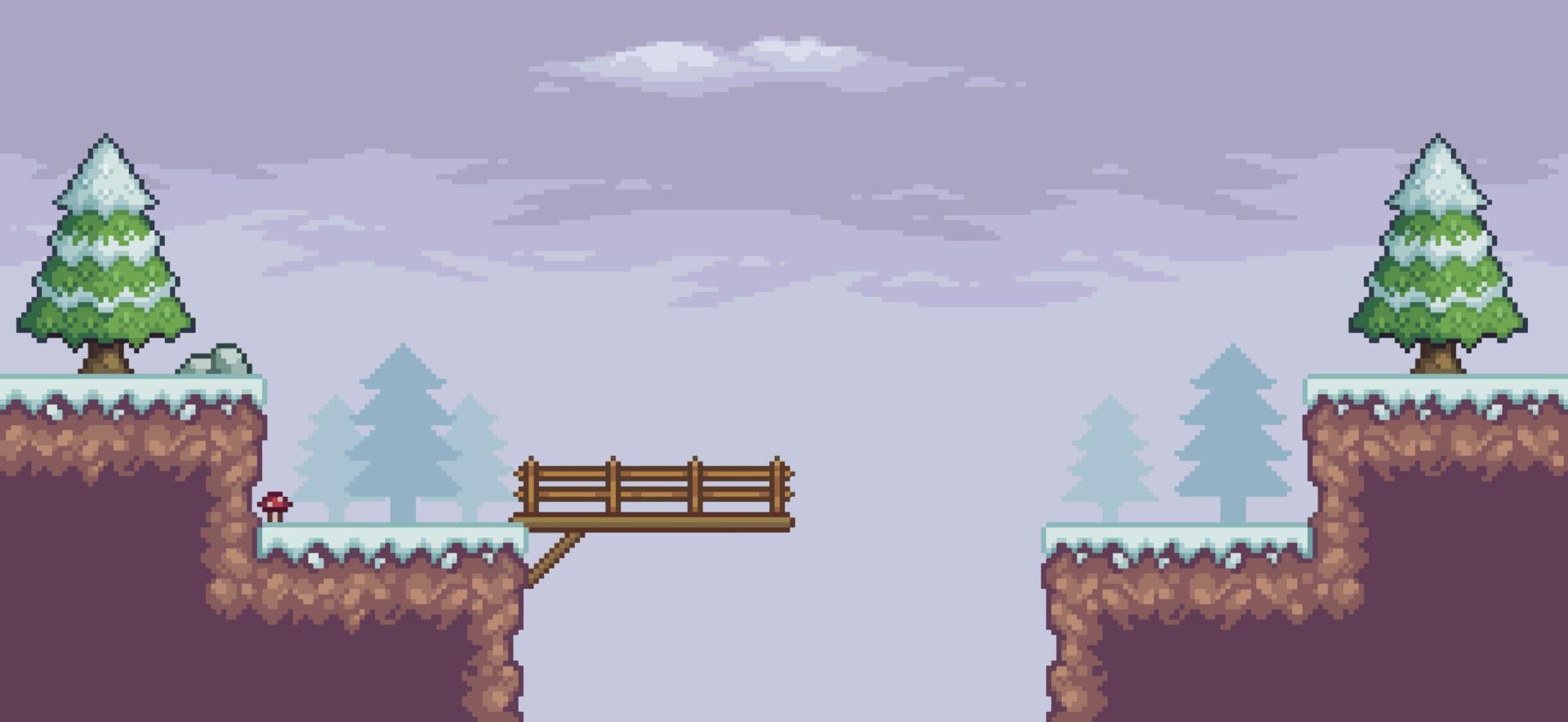 escena de juego de arte de píxeles en la nieve con pinos, puente y nubes fondo de 8 bits vector