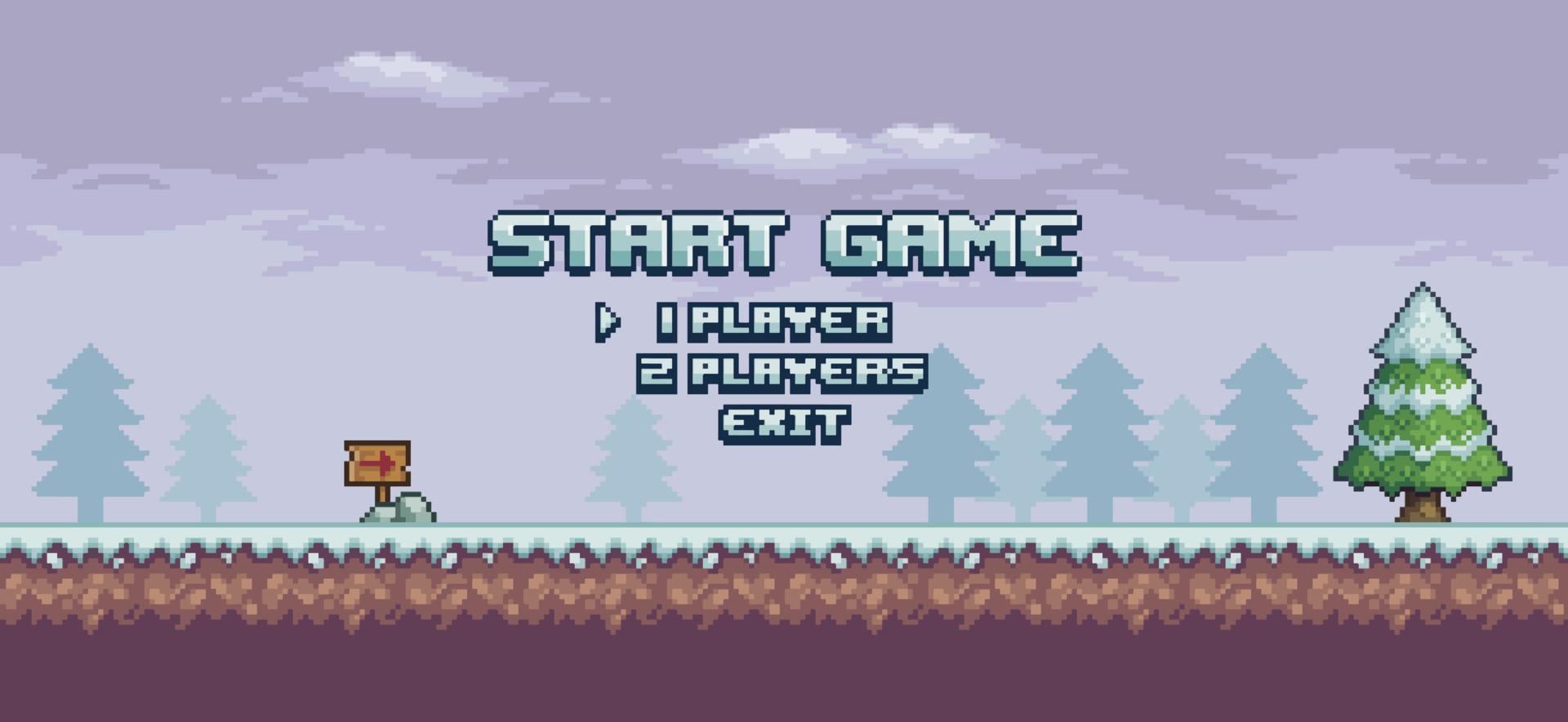 Pixel art 8bit game home screen. Landscape snow start game menu background vector