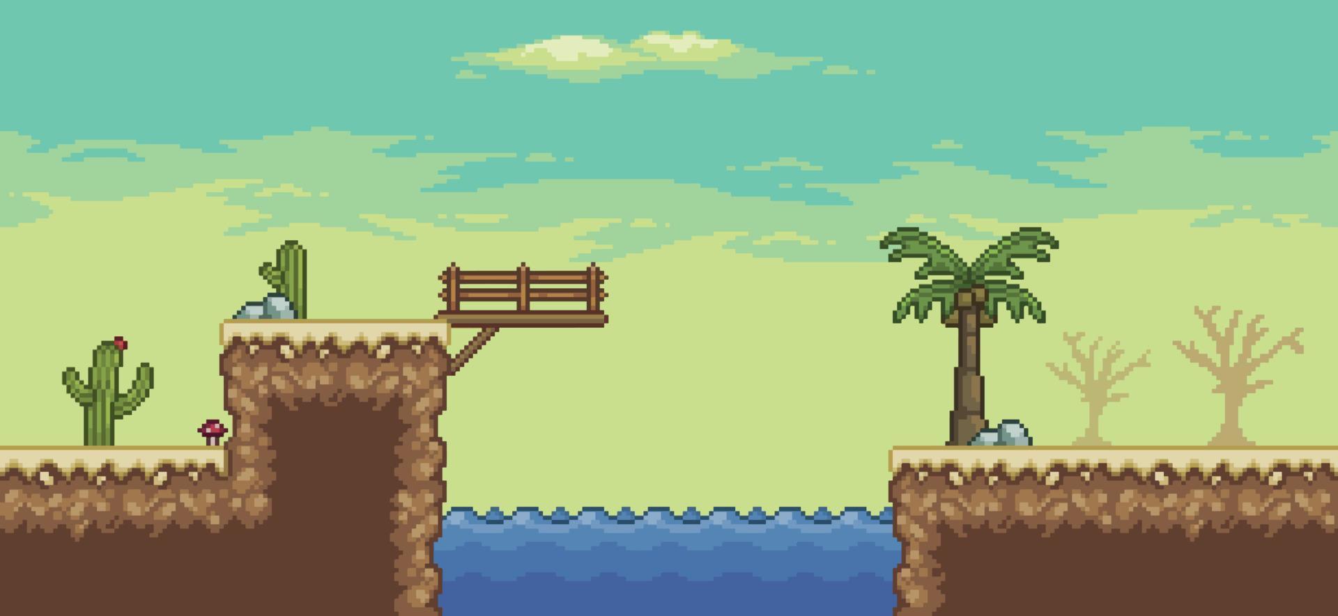 Pixel art desert game scene with palm tree, oasis, cactuses, bridge 8bit landscape background vector