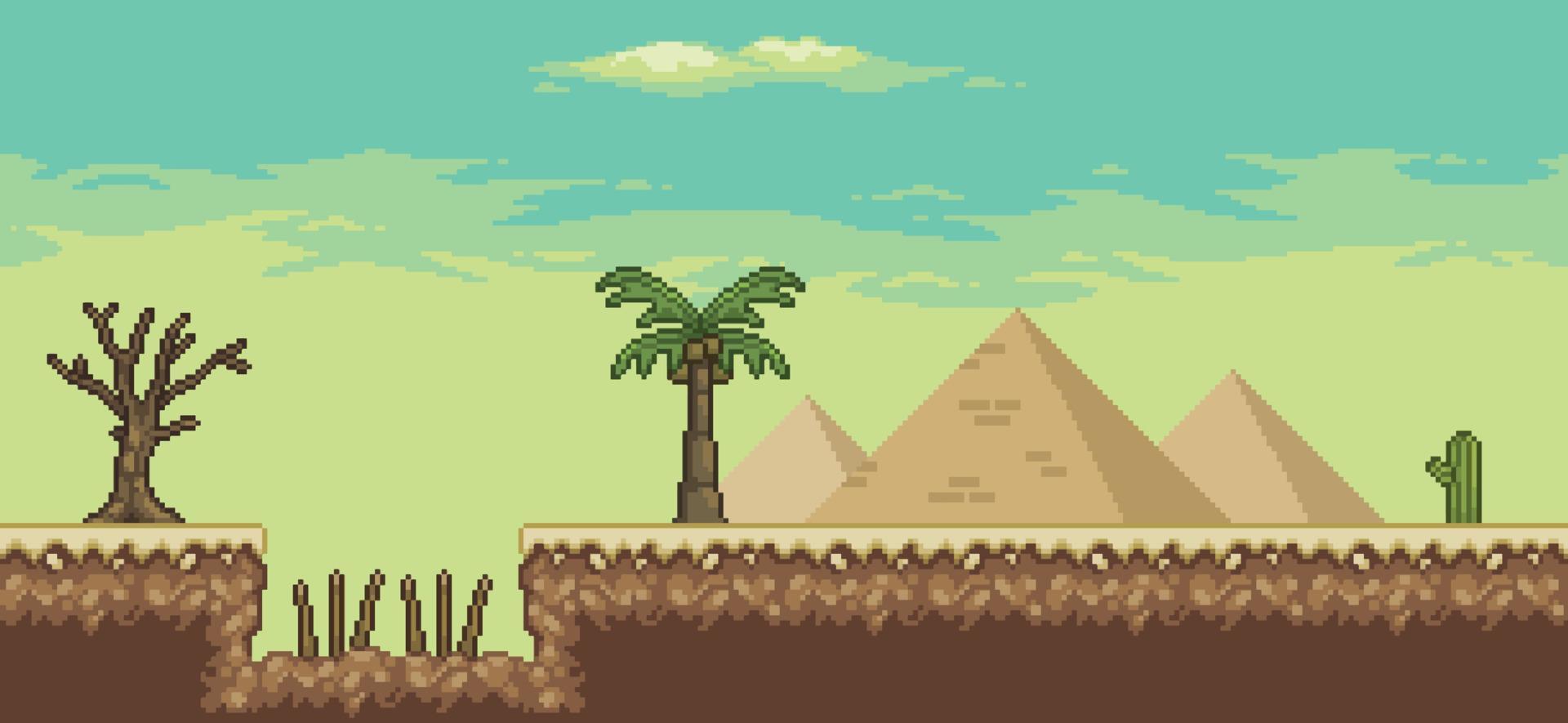 escena del juego del desierto de pixel art con pirámide, palmera, cactus, trampa, fondo de árbol de 8 bits vector