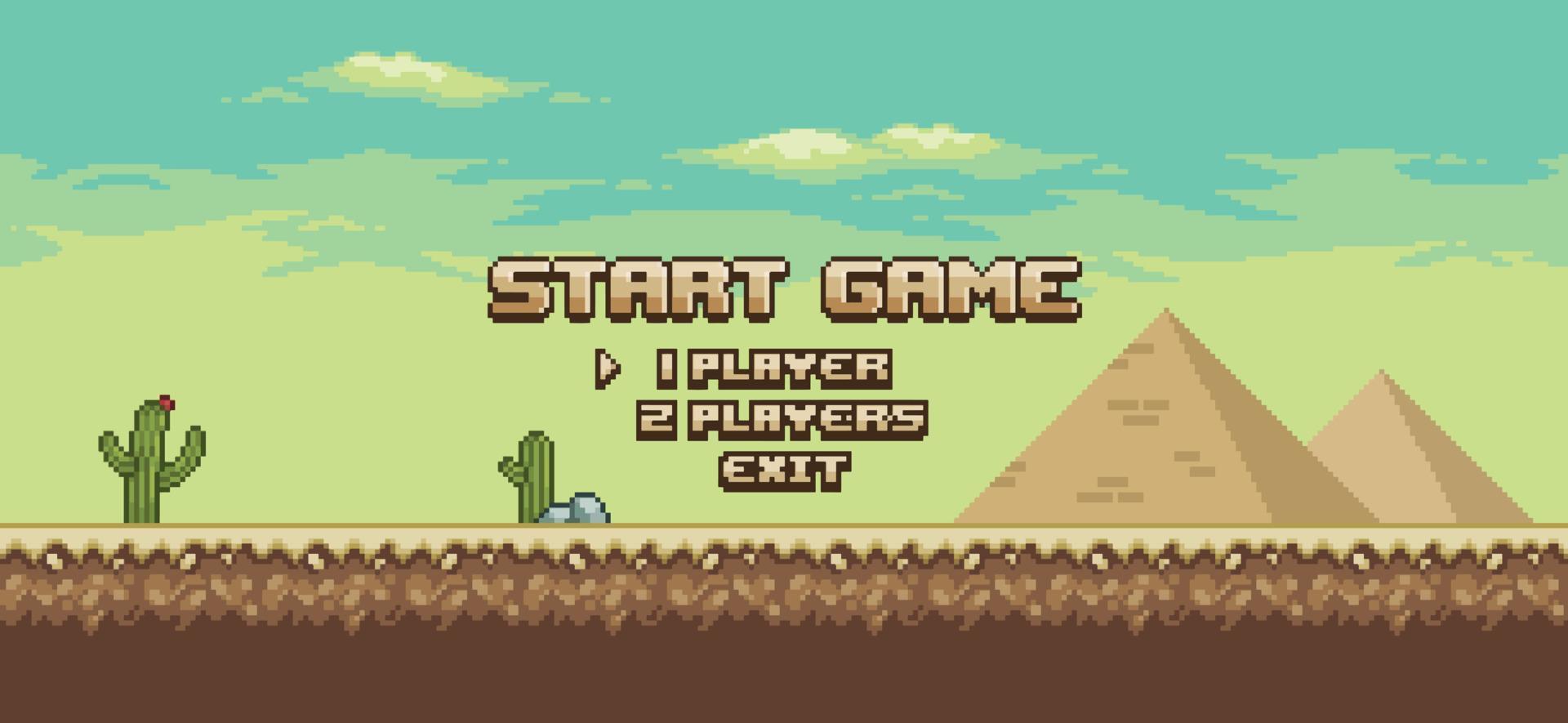 Pixel art desert game landscape home screen start game menu 8bit background vector