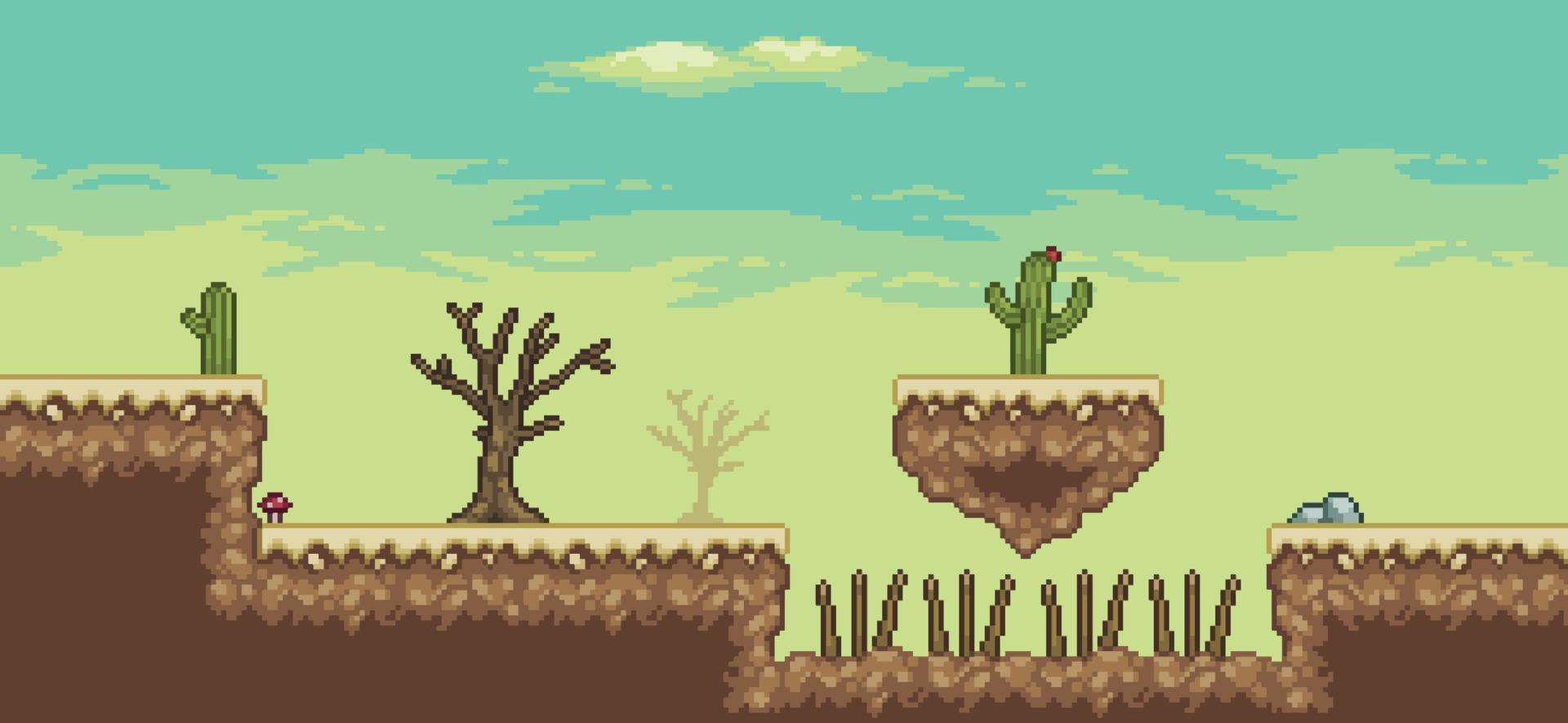 Pixel art desert game scene with, trap, cactuses, floating island, 8bit background vector