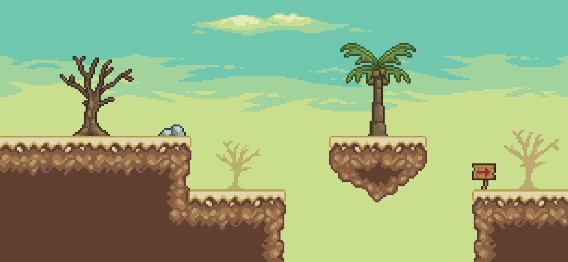 Pixel art desert game scene with floating island, palm tree, cactuses, tree 8bit background vector