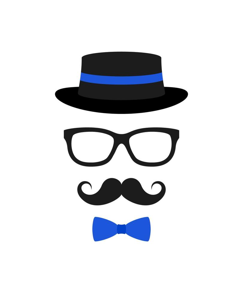 bigote, pajarita, sombrero y gafas aislado sobre fondo blanco. vector