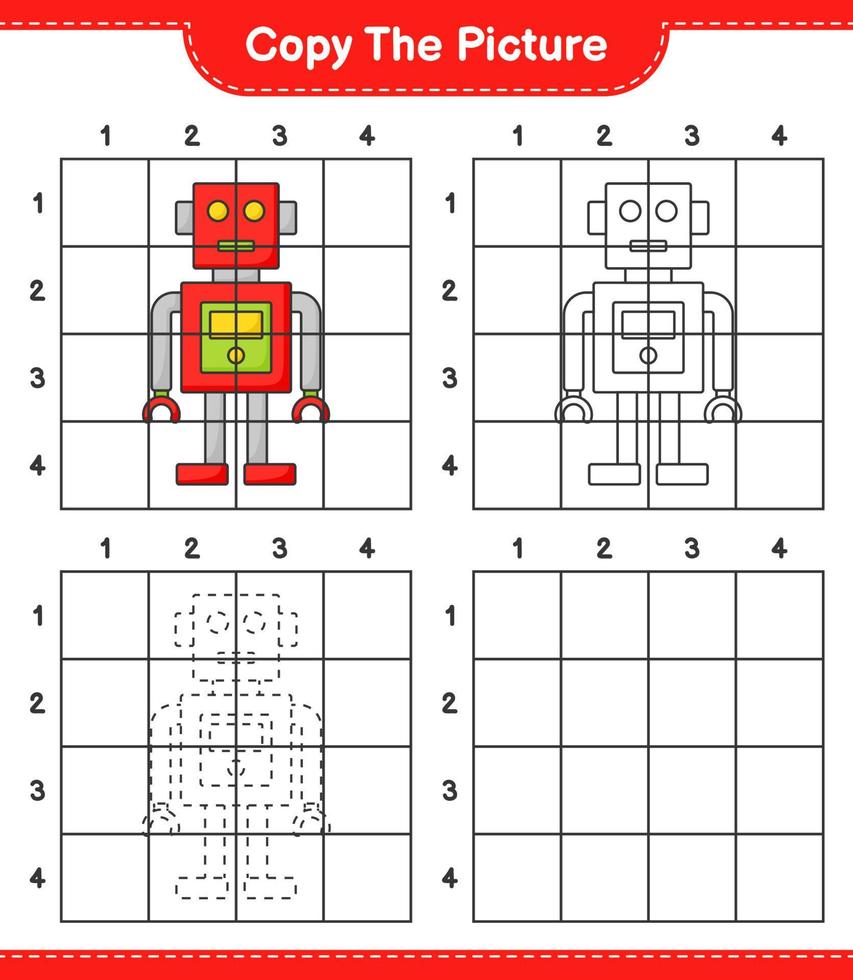 Copy the picture, copy the picture of Robot Character using grid lines. Educational children game, printable worksheet, vector illustration