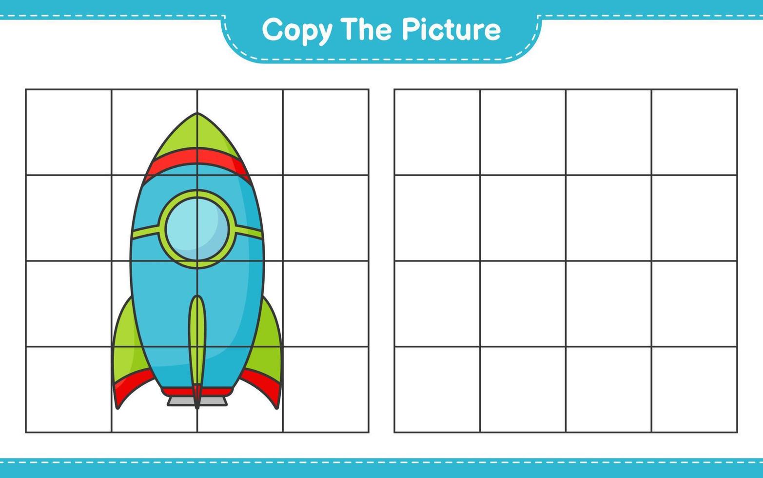 Copy the picture, copy the picture of Rocket using grid lines. Educational children game, printable worksheet, vector illustration