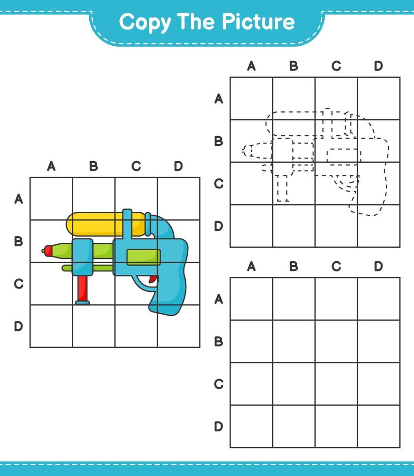Copy the picture, copy the picture of Water Gun using grid lines. Educational children game, printable worksheet, vector illustration
