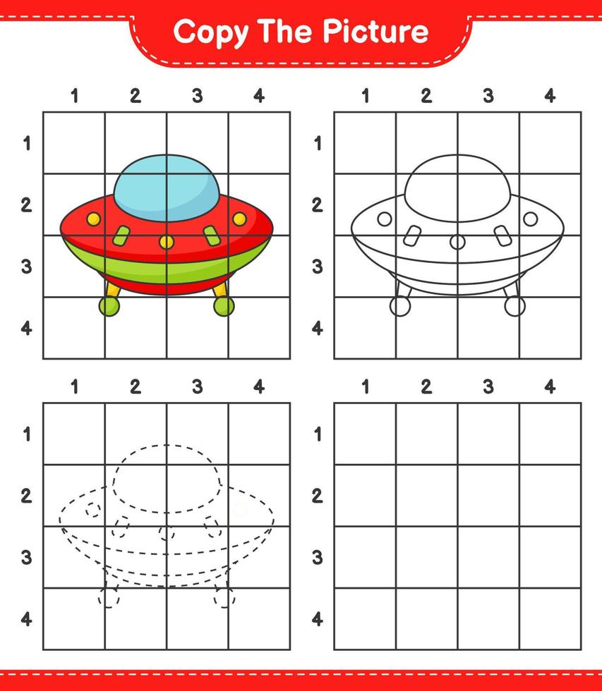 Copy the picture, copy the picture of Ufo using grid lines. Educational children game, printable worksheet, vector illustration