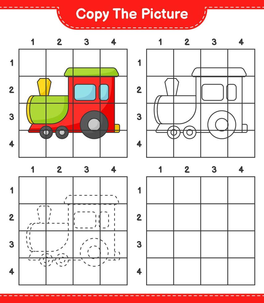 Copy the picture, copy the picture of Train using grid lines. Educational children game, printable worksheet, vector illustration