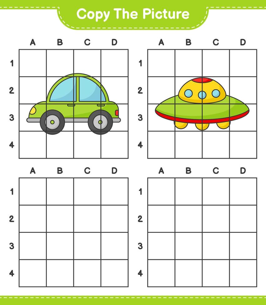 Copy the picture, copy the picture of Car and Ufo using grid lines. Educational children game, printable worksheet, vector illustration