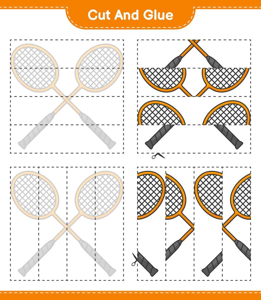 cortar y pegar, cortar partes de raquetas de bádminton y pegarlas. juego educativo para niños, hoja de cálculo imprimible, ilustración vectorial vector