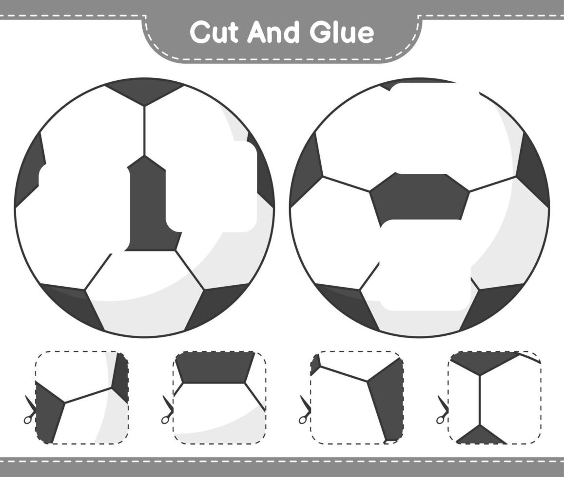 corta y pega, corta partes del balón de fútbol y pégalas. juego educativo para niños, hoja de cálculo imprimible, ilustración vectorial vector