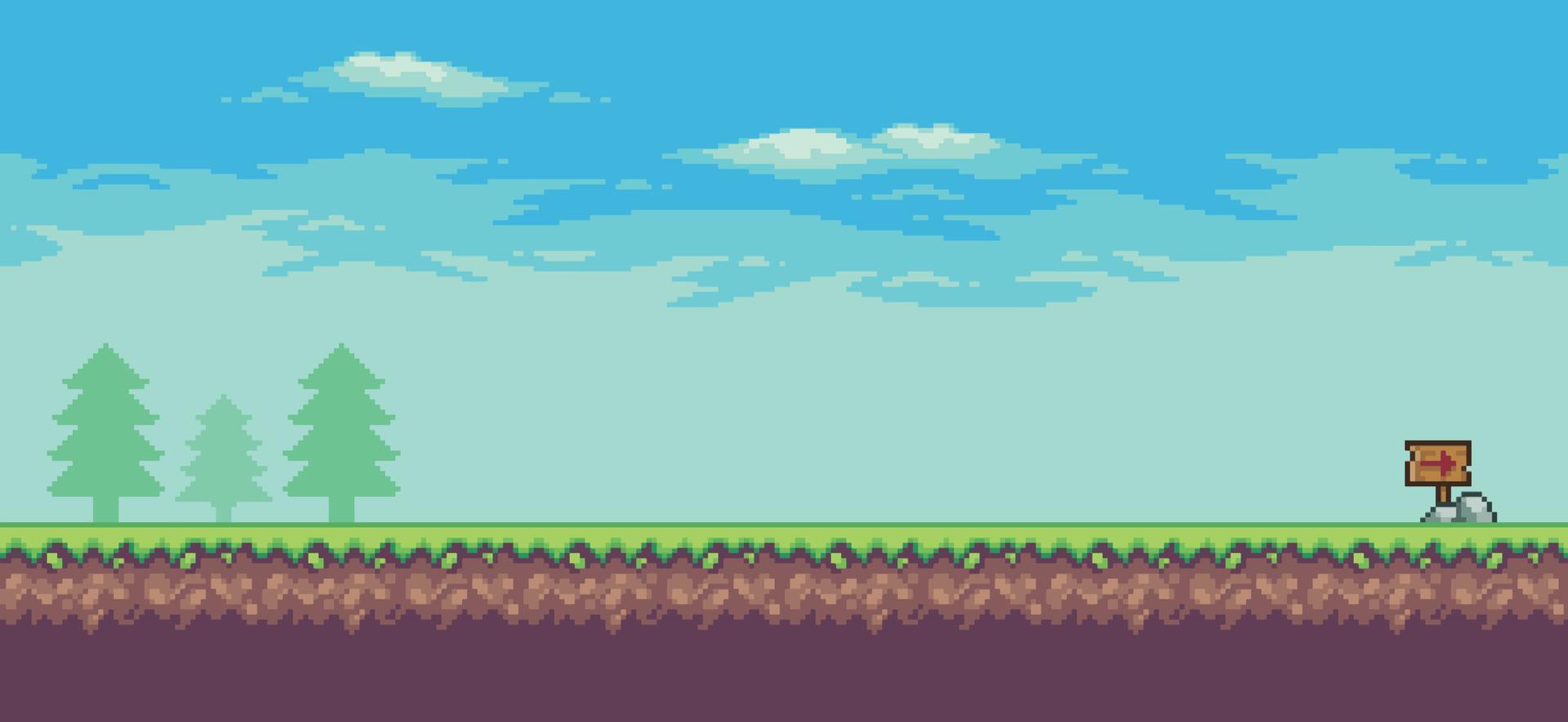 escena de juego de arcade de pixel art con árboles, nubes y tablero de madera de 8 bits vector