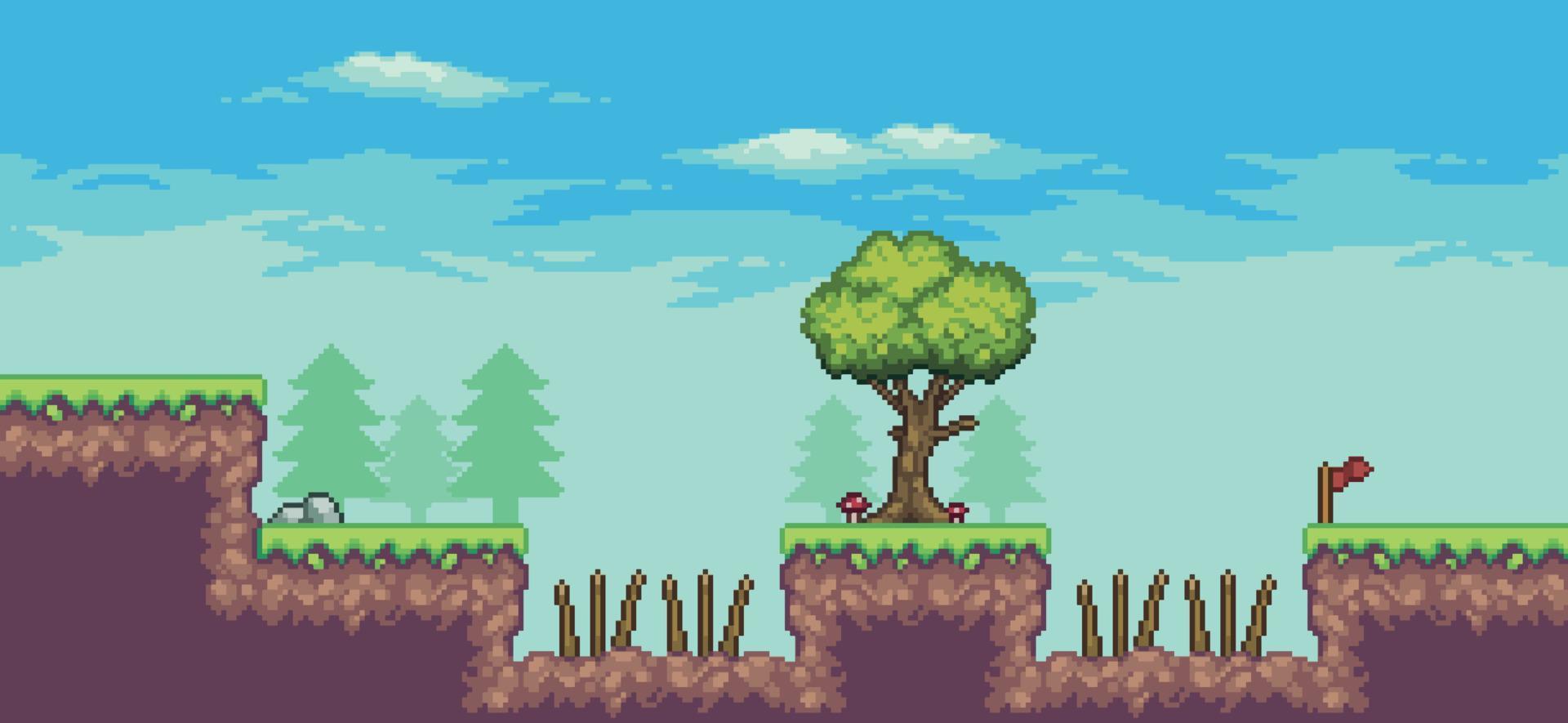 Pixel art arcade game scene with trees, thorns, clouds, stones and flag 8bit background vector