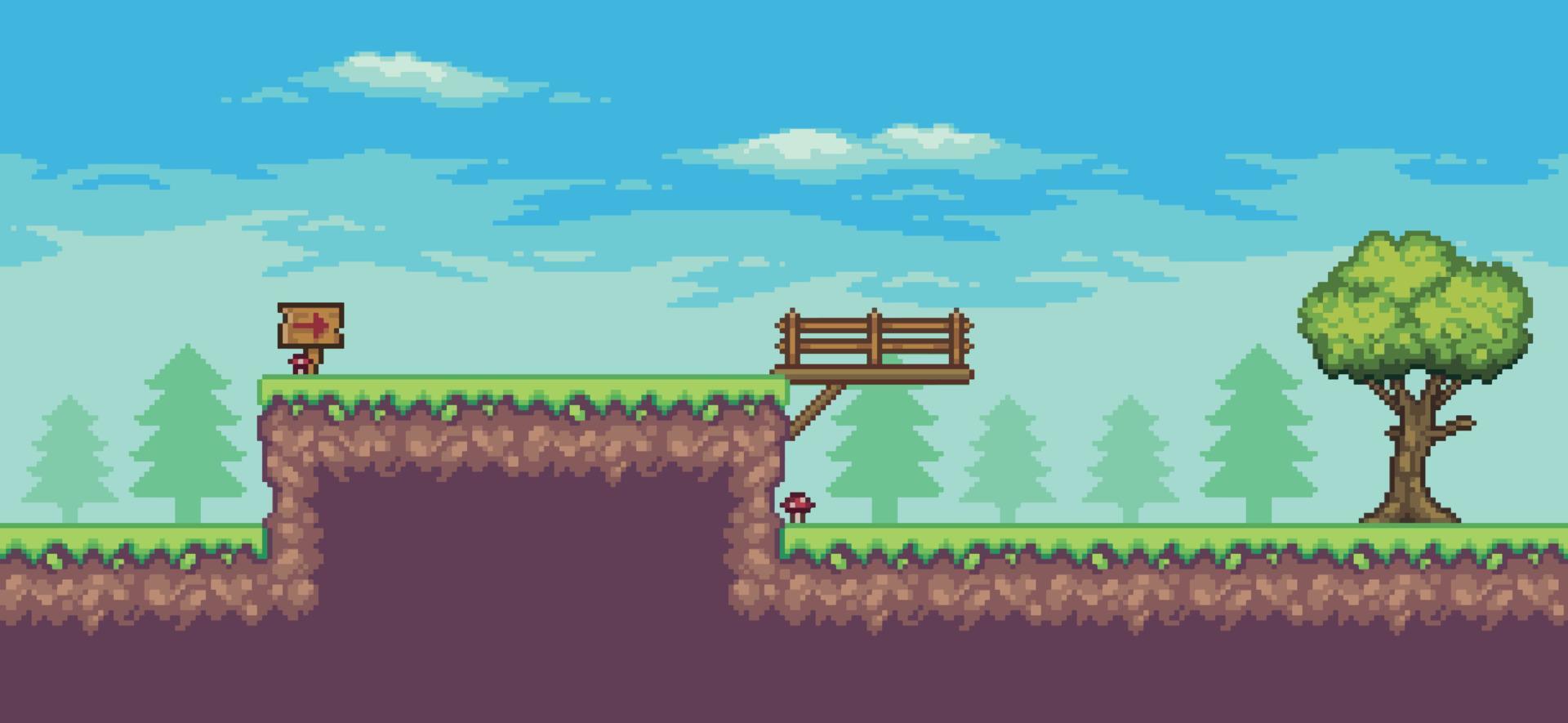 escena de juego de arcade de arte de píxeles con árbol, puente, tabla de madera y fondo vectorial de nubes de 8 bits vector