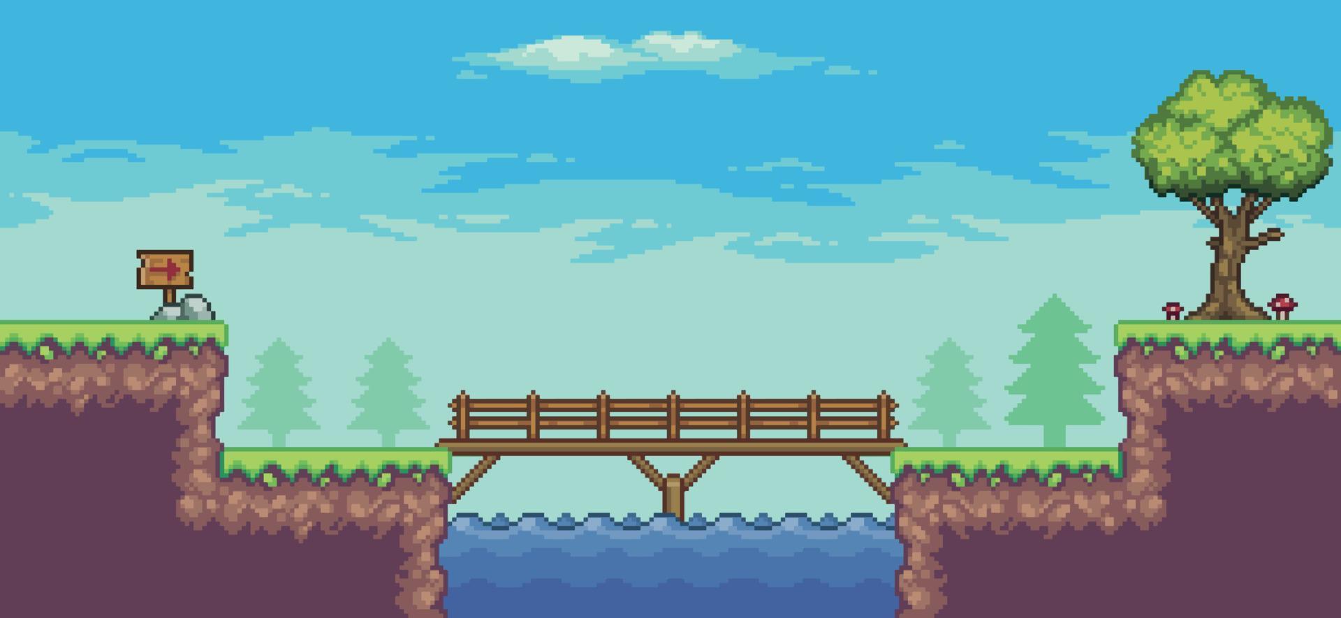 escena de juego de arcade de arte de píxeles con árbol, lago, puente, valla, tablero y nubes fondo vectorial de 8 bits vector