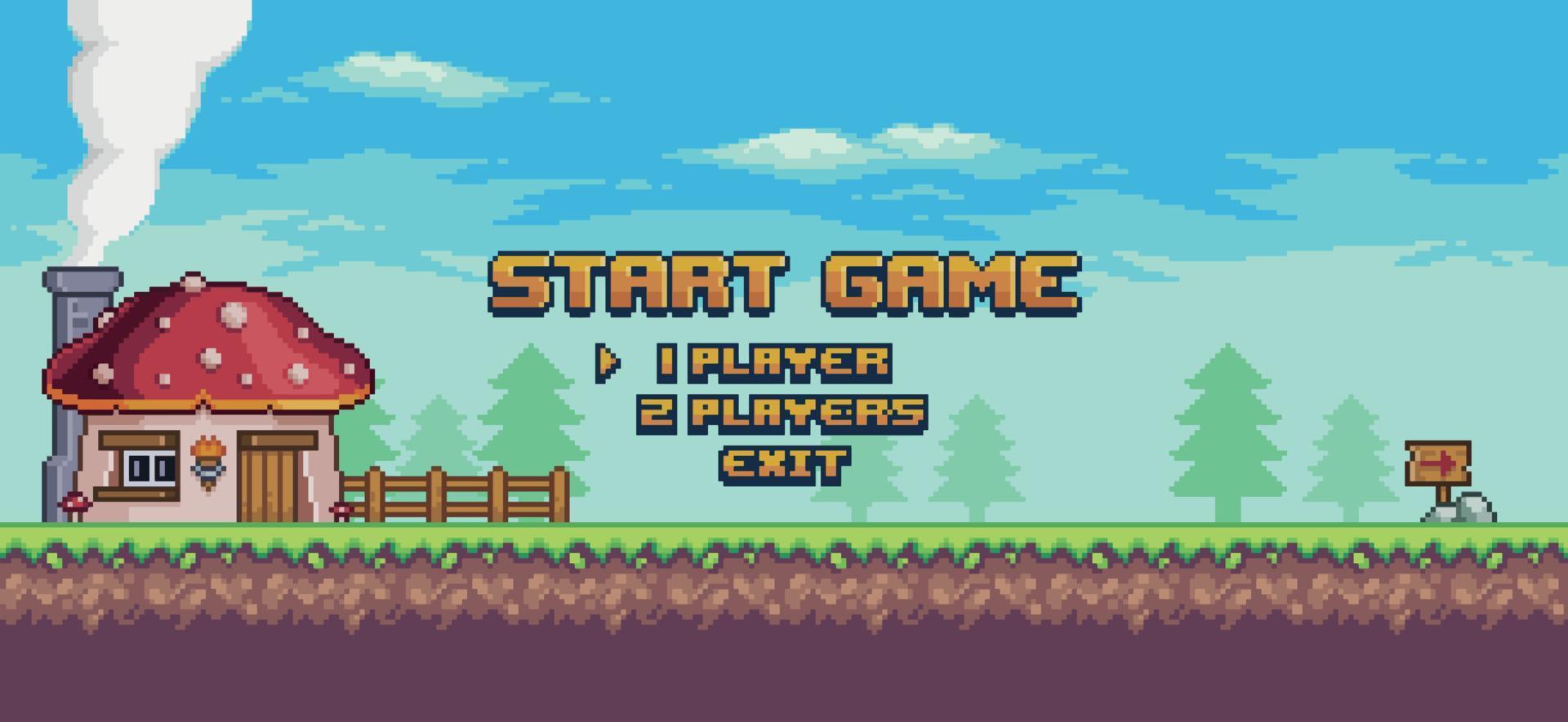 Pixel art 8bit game home screen. Landscape start game background vector