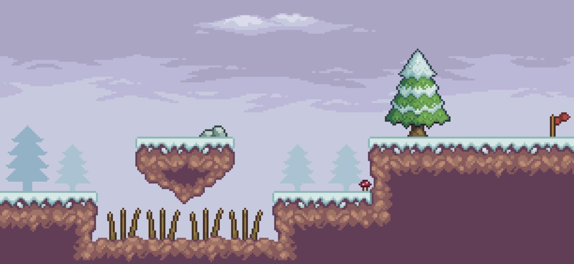 Pixel art game scene in snow with floating platform, pine trees, clouds and flag 8bit background vector