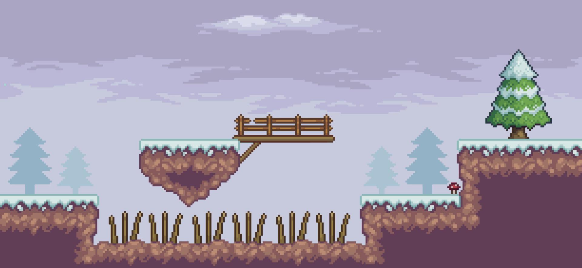 Pixel art game scene in snow with floating platform, bridge, pine trees, clouds and 8bit background vector