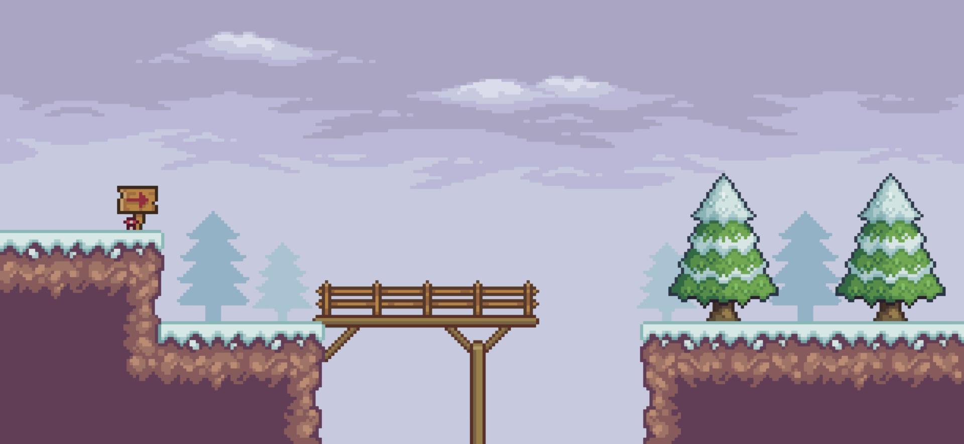 Pixel art game scene in snow pine trees, wood bridge, indicative board 8bit background vector