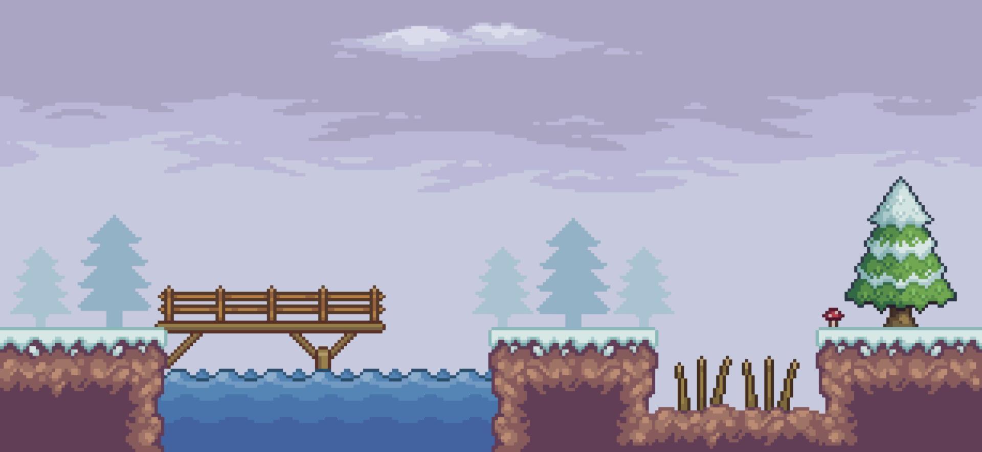 escena de juego de arte de píxeles en la nieve con pinos, puente, trampa, lago y nubes fondo vectorial de 8 bits vector