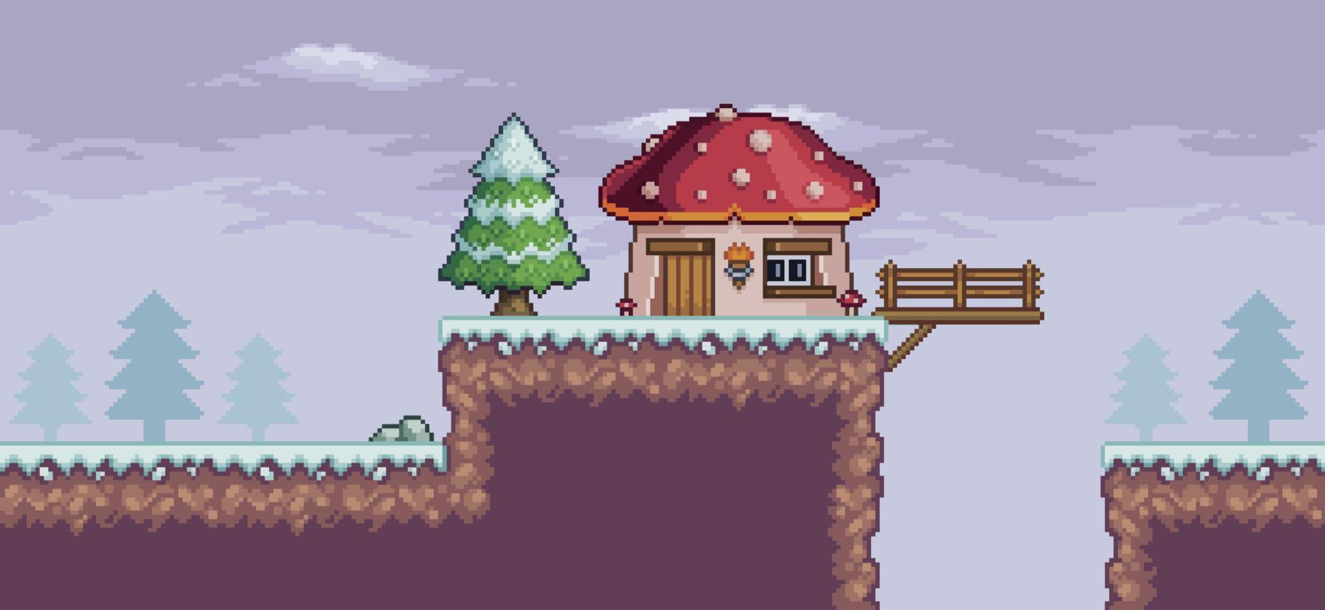 escena de juego de arte de píxeles en la nieve con pinos, casa, puente y nubes vector de fondo de 8 bits