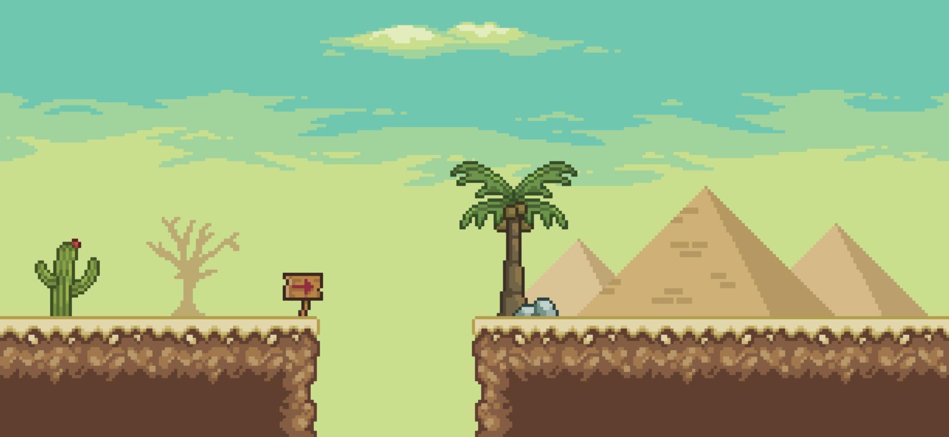 Pixel art desert game scene with palm tree, pyramids, cactuses, tree 8bit background vector